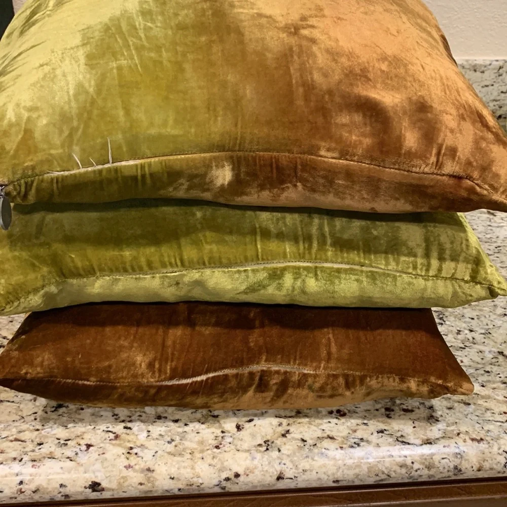 Pier One Velvet Two Color Green Brown Square Decorative Pillow Set
